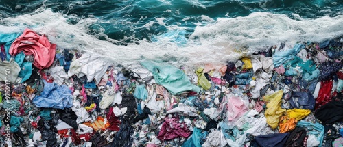 Ocean filled with textile waste broken fabrics choking marine life fast fashion waste destroying ecosystems