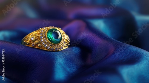 Emerald and gold ring shining on a royal navy blue silk fabric, with a violet-to-blue gradient background and flickers of candlelight, Copy space, happy Diwali background, traditional, Indian festival