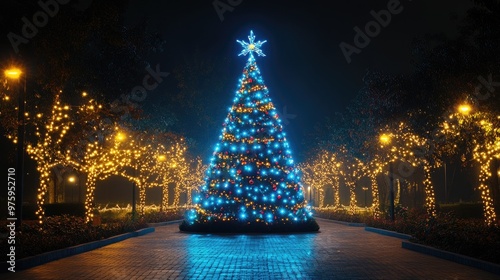 Big christmas tree standing in a park at night surrounded by string lights