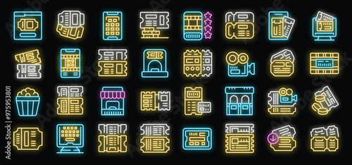 Big set of neon ticket icons showing ticket purchase, online booking and different types of tickets