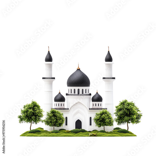 Elegant illustration of a white mosque with black domes and tall minarets