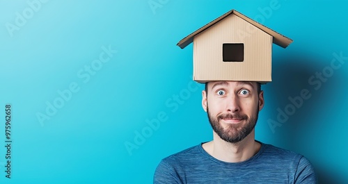 Smiling man with a miniature house model on his head, representing playful creativity and homeownership dreams, bright blue background, copy space, selective focus