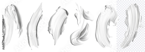 Vector of white paint brush strokes, perfect for design backgrounds, artistic elements, or abstract compositions. High-quality versatile for various projects. Realistic set of cosmetic cream smears