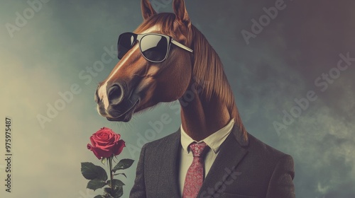 A debonair horse wearing a suit and sunglasses, gently holding a rose, symbolizing refined romanticism for Valentine's Day