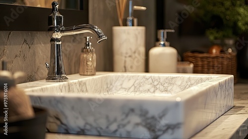 Marble sink with a faucet and soap dispenser