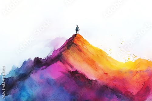 A side view of a lone traveler atop a vibrant watercolor mountain, infused with impressionist brushstrokes, capturing the essence of discovery and adventure