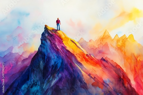 A side view of a lone traveler atop a vibrant watercolor mountain, infused with impressionist brushstrokes, capturing the essence of discovery and adventure