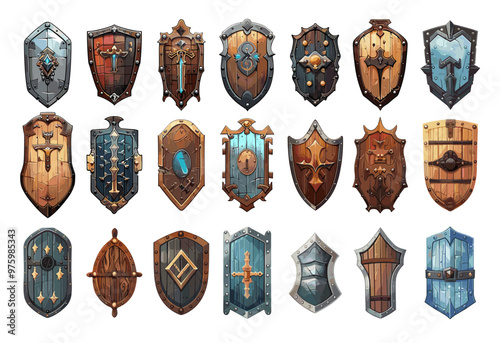 Wooden timber shields cartoon vector set. Symbols antlers ancient protection armor defense weaponry gear skirmish combat equipment, illustrations isolated on white background