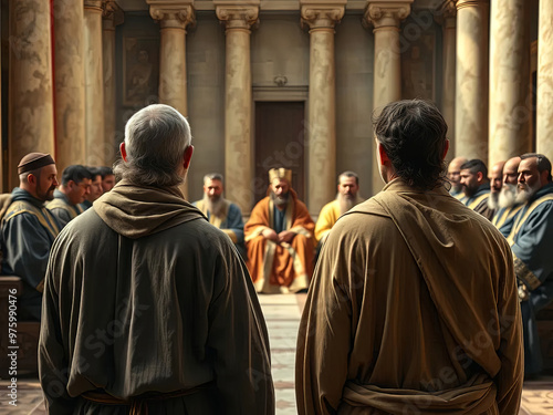 Gospel Images from the Bible NT - Peter and John stand trial before the Sanhedrin defending miracle of healing lame man