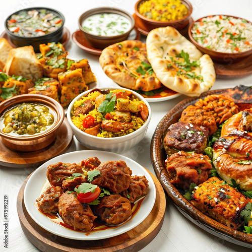 indian food curry naan basmati rice paneer tandoori samosa chutney appetizers entrees herbs spices traditional feast cuisine platter dishes roasted grilled 