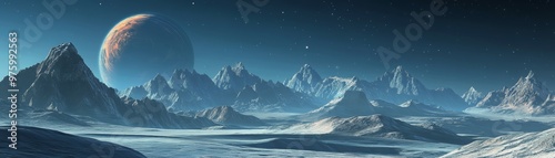 A stunning alien landscape featuring towering mountains and a distant planet under a starry sky, evoking a sense of wonder.