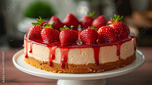 Strawberry Cheesecake with Drizzled Glaze on a White Cake Stand