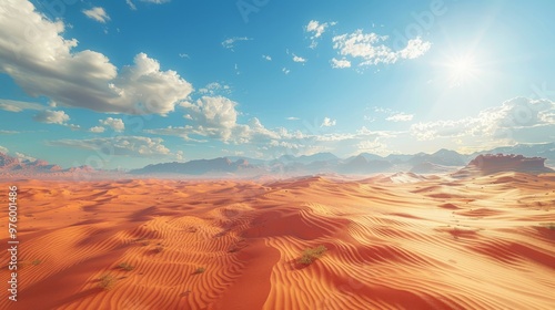 A desert landscape with a bright sun shining down on the sand