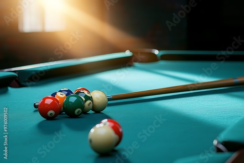 A pool cue and balls scattered on a vintage table, with sunlight streaming through a dusty window, creating a nostalgic atmosphere