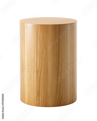 Tall wooden display pedestal stand with a smooth surface and natural wood grain, ideal for holding decorative pieces or highlighting products. Isolated on transparent background, png.