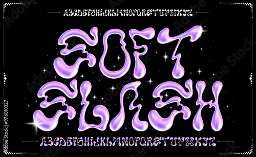 Glossy Y2K pink font. Liquid metal Inflated alphabet, 3D shiny ballon letters. Vector typeface set 