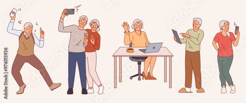 Happy pensioners use gadgets. Senior people with different devices, communication, entertainment, phones, tablets and laptops, music and photo cartoon flat isolated illustration, vector set