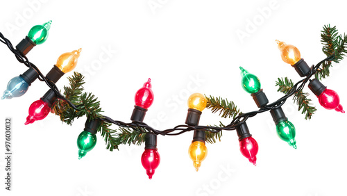 Christmas colored lights, garland, Christmas decoration. Isolated on white or transparent background.