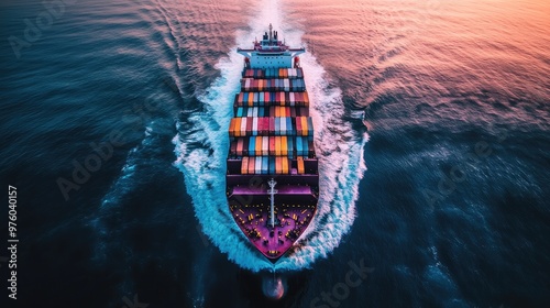 A large cargo ship sails through the ocean, creating white waves as it moves forward, showcasing international shipping and global trade.