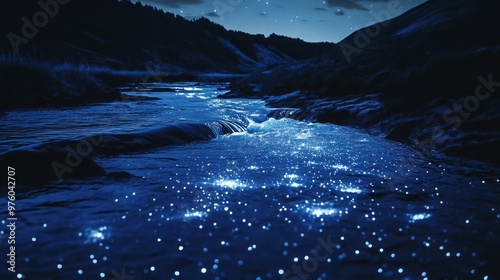 A river at night, with bioluminescent algae creating a magical effect.