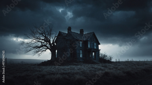 Spooky abandoned house at night with eerie lighting and a gnarled tree under a stormy sky, haunting.