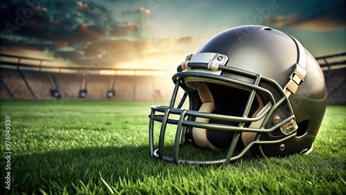 American football helmet resting on the grass field , sports equipment, protection gear, helmet, NFL, game day