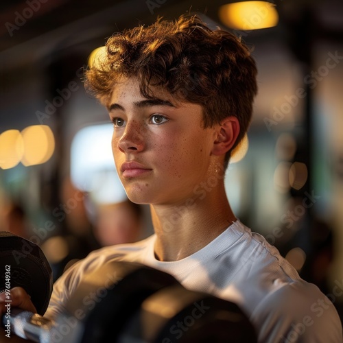 Teenager working out with dumbbells, clean and modern gym setting, energetic lighting, focus on their determined expression, midlevel angle