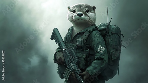 Brave Otter Soldier in Military Uniform with M4 Rifle in Misty Shadowy Setting