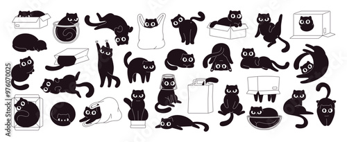 Black cats play with cardboard boxes plastic and shopping bags. Cat is misbehaving and playing around, crazy funny fluffy kittens racy vector clipart