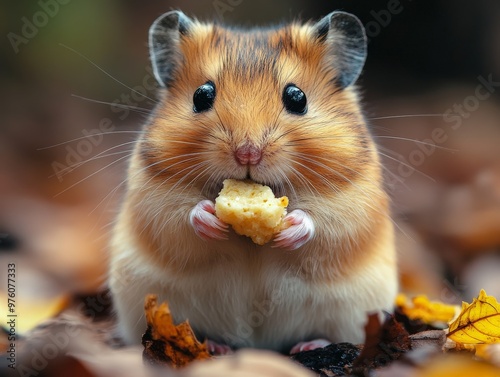 This image captures a hamster with its paws holding food. The close-up highlights its adorable features, conveying a sense of cuteness and innocence.