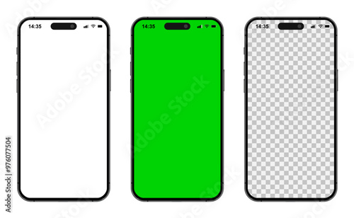 New iPhone 16 Pro and iPhone 16 Pro Max mockup of the new mobile phones. Smartphone mockup set with white empty transparent, white, green touch screen