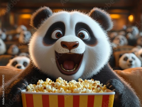 An excited animated panda enthusiastically eats popcorn in a lively theater full of other pandas, creating a fun and cheerful atmosphere filled with joy and animation.