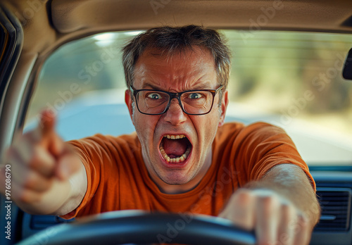 Angry driver shouting and pointing while sitting behind the wheel of a car, conveying road rage and frustration with an aggressive facial expression