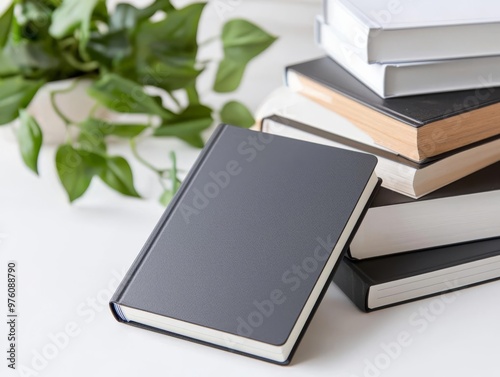 Hardcover journal with a sleek matte cover and a stack of other books in the background, showing versatility in book design concepts