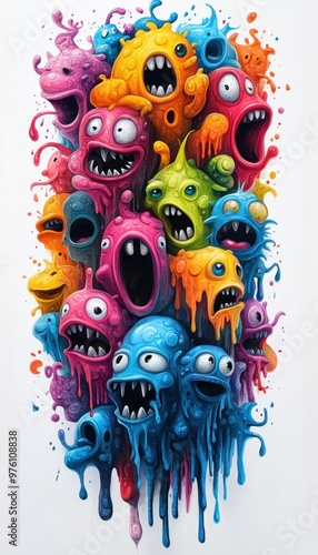 Colorful, expressive monster faces with exaggerated features and drips.