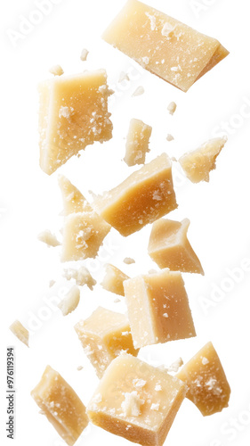 A captivating image of elegantly falling parmesan cheese pieces, highlighting their crumbly nature and golden color