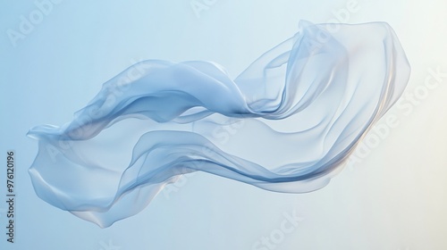 A delicate chiffon scarf flowing in the wind, suspended in mid-air against a minimalist pale blue background