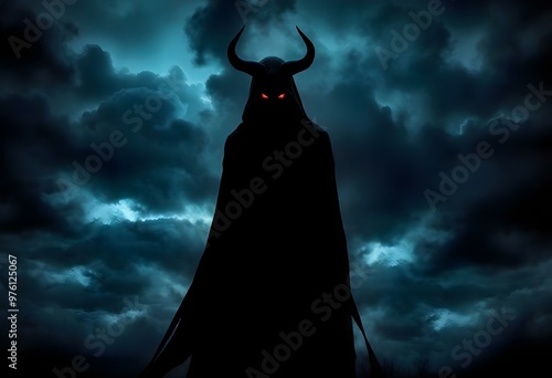 a dark and sinister figure with glowing red eyes standing in front of a stormy night sky create with ai