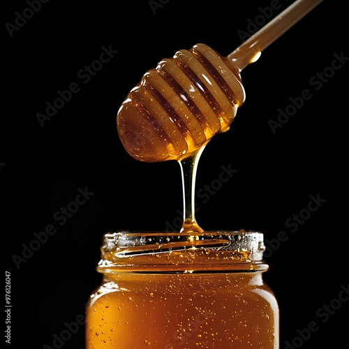 A wooden honey dipper drips golden honey into a glass jar on a black background.