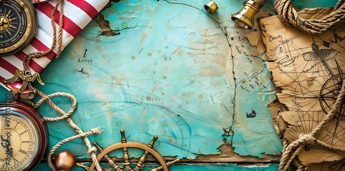 A vintage map with navigational tools and nautical elements, evoking exploration.