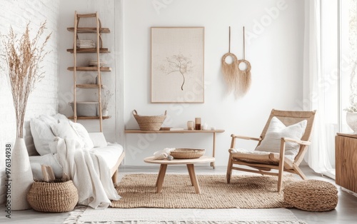 Cozy Scandinavian living room featuring natural materials and minimalistic decor during bright daylight hours