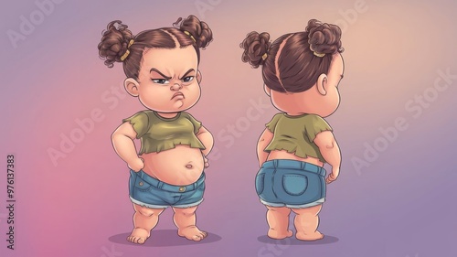 Cartoon of a little girl who is upset, feeling angry and hurt, standing with her feet on her hips, dissatisfied.