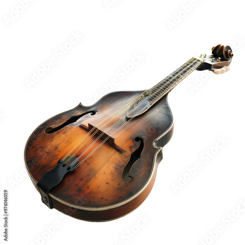 Vintage mandolin resting on a white surface, showcasing its rich wood tones and intricate design during daylight hours