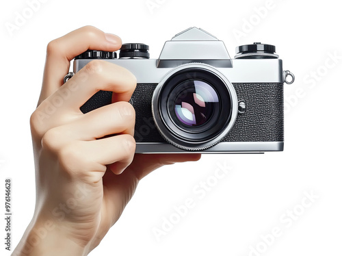 A person holds a classic camera ready to capture moments with a clear focus on its detailed lens in bright lighting conditions