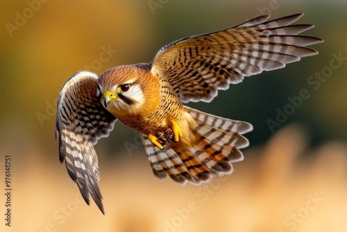 A kestrel hovering above a field, its wings beating rapidly, feathers spread wide as it focuses its beak on its prey below