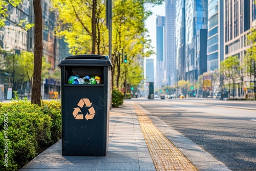 Recycling bin on modern city street