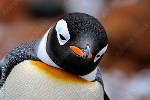 A penguin tucking its head under its wing, its smooth black-and-white feathers insulating it against the cold