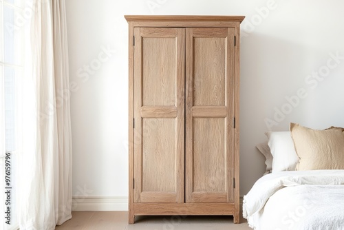 Handcrafted oak armoire with detailed woodwork, standing proudly in an antique-styled bedroom, oak furniture, wood craftsmanship