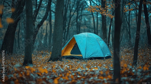 a tent in the woods with leaves on the ground