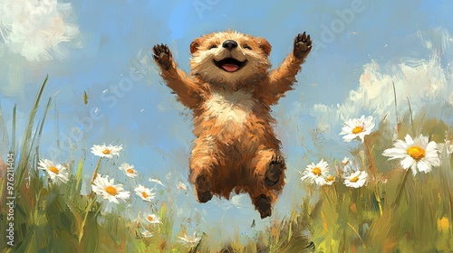 a painting of a little bear jumping in the air